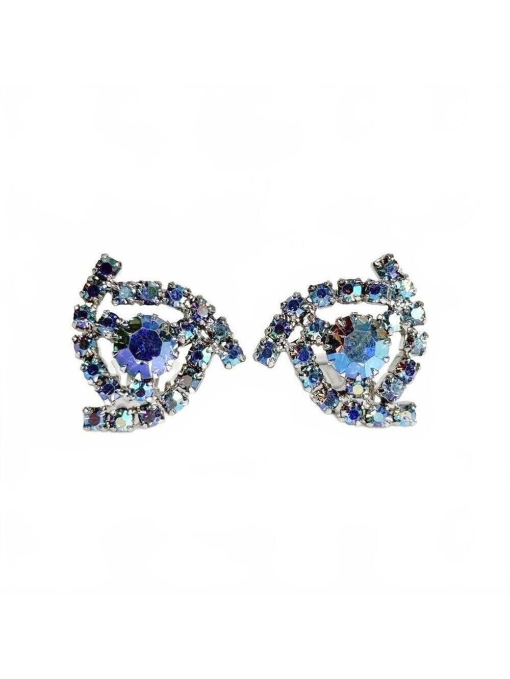 Vintage Blue Aurora Borealis Rhinestone Clip Earrings Mid Century Jewelry